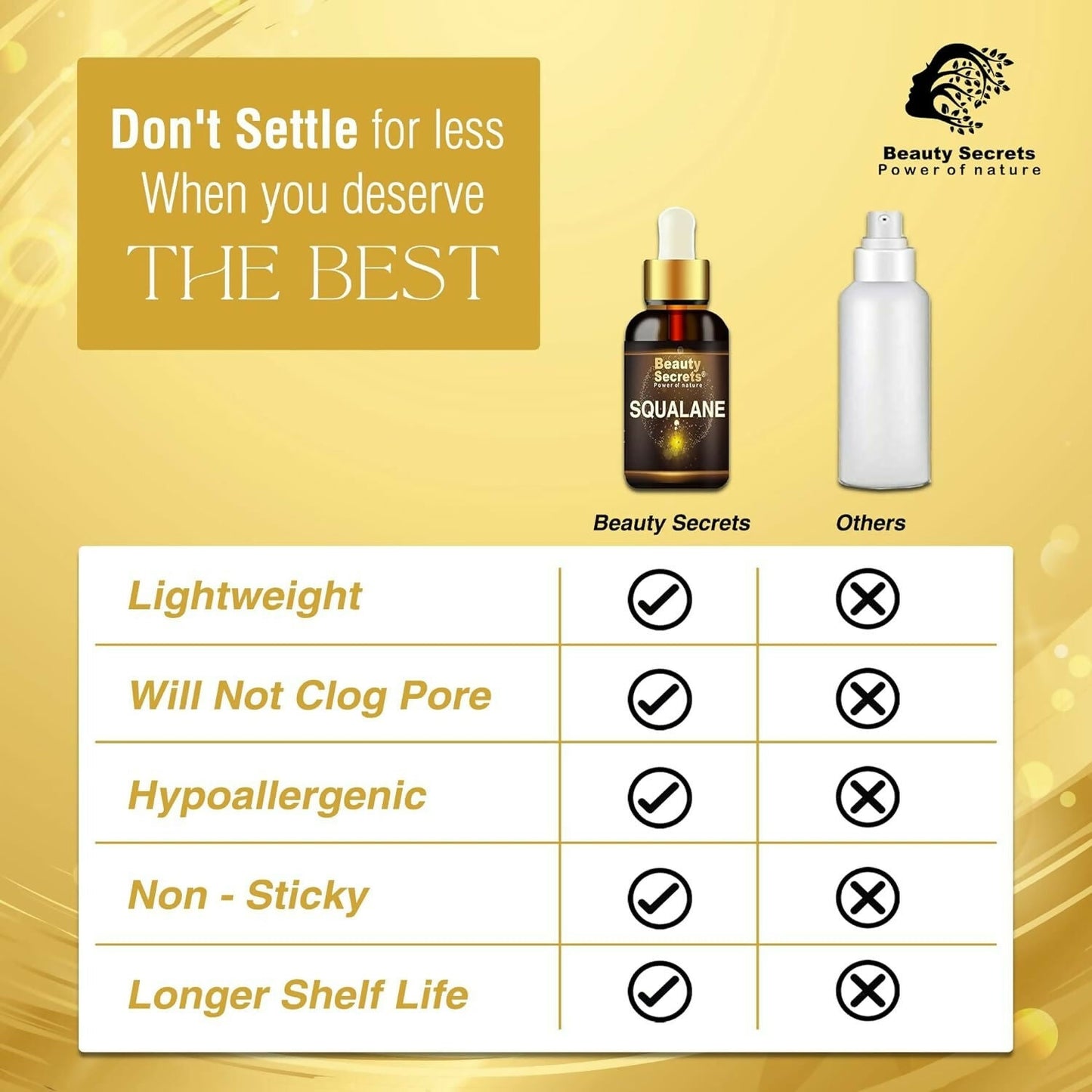 Beauty Secrets certified organic squalane oil for face, showing a glass dropper bottle with clear liquid and natural packaging.