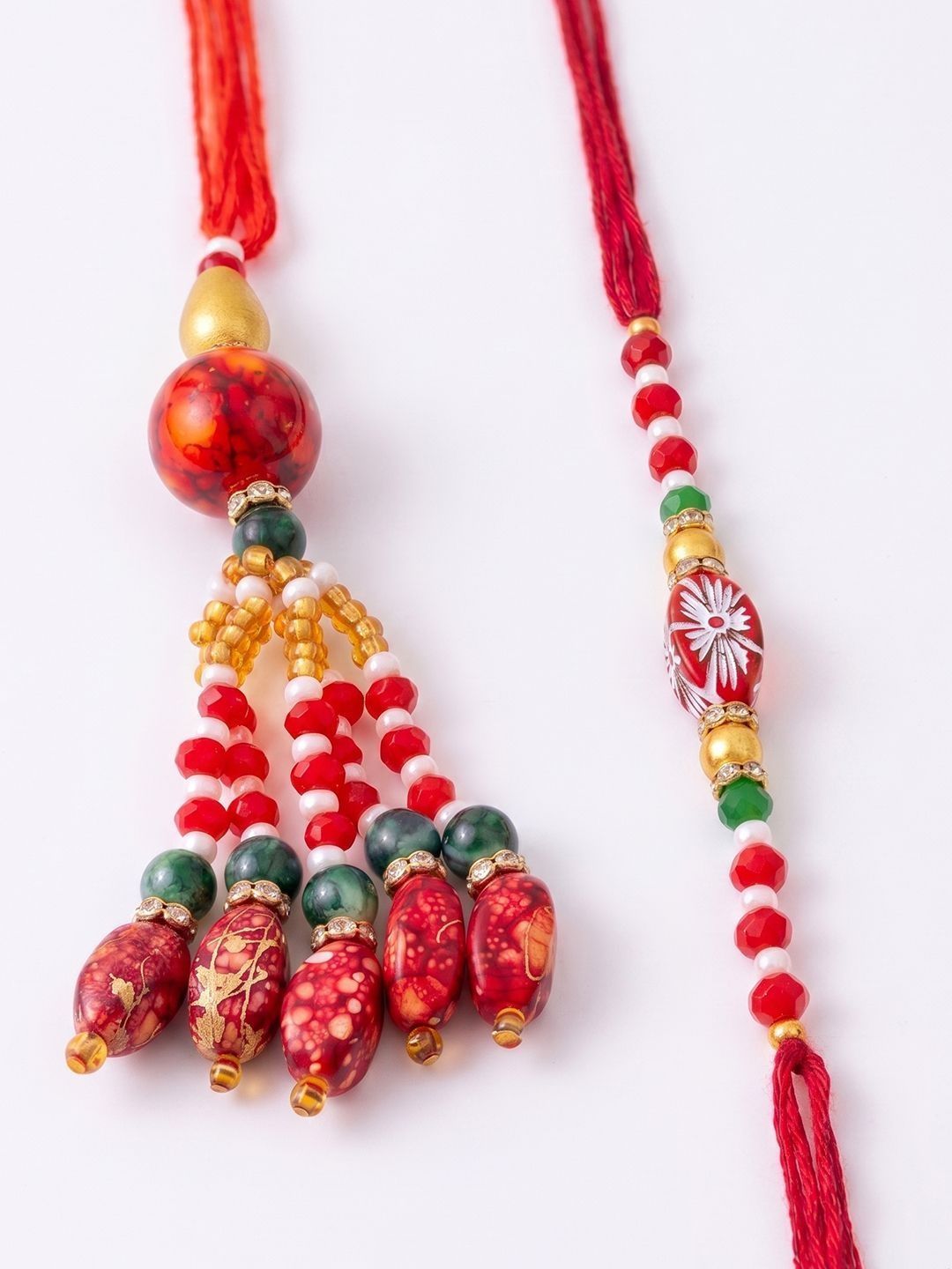 Anouk Set Of 2 Designer Red Artificial Beads Bhaiya Bhabhi Rakhi With Roli Chawal Chandan