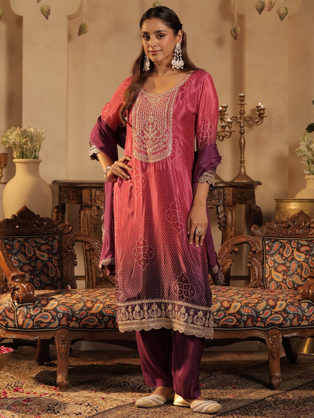 Bandhani Printed Straight Sequinned Kurta With Trousers & Dupatta
