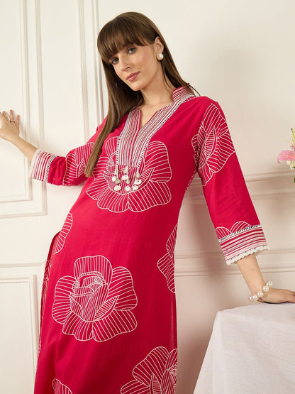 Indyancart IE Printed V-Neck Three-Quarter Sleeves Pure Cotton Tunic And Trousers