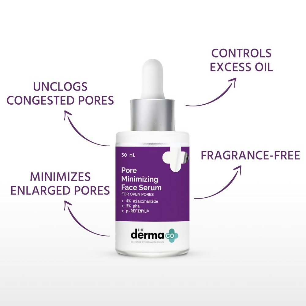 The Derma Co pore minimizing face serum with 4% niacinamide and 5% PHA, in a clear serum bottle with dropper cap.