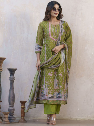 Indyancart SN Women's Floral Printed Keyhole Neck Muslin Straight Kurta With Trouser & Dupatta
