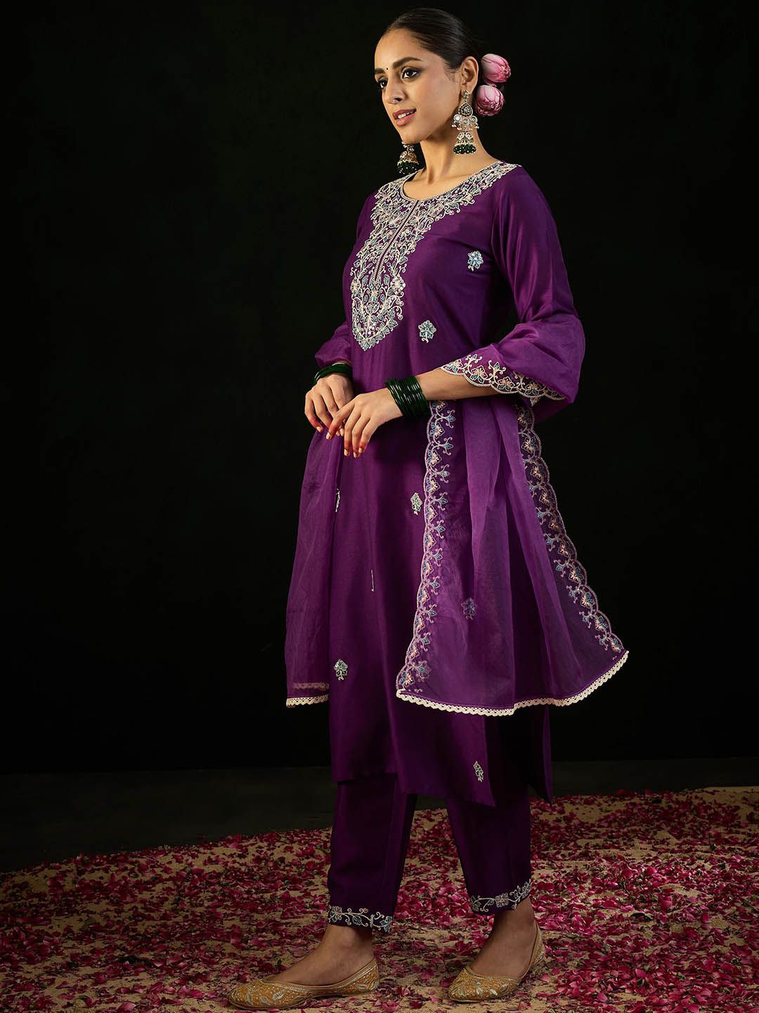 Indyancart IE Purple Floral Embroidered Straight Kurta with Trousers & Dupatta