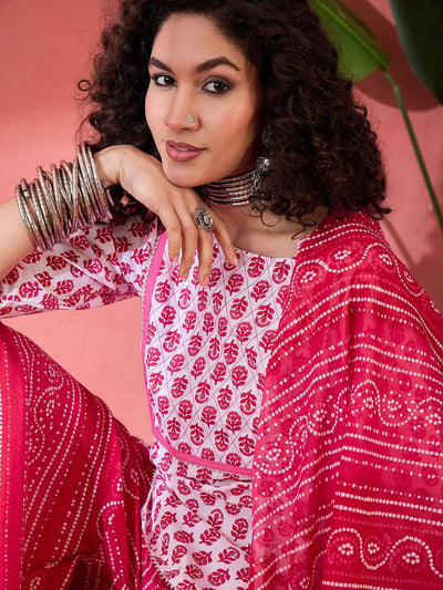 Indyancart SN Women's Floral Printed Round Neck Pure Cotton Straight Kurti With Sharara & Dupatta