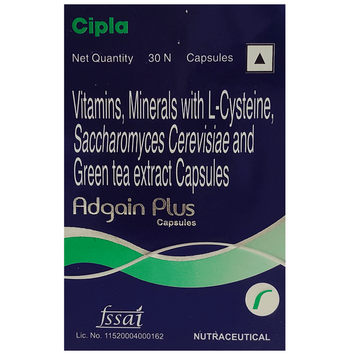 Cipla Adgain Plus Hair Care Capsules showing the colorful bottle with capsules inside, designed for healthy hair nourishment.