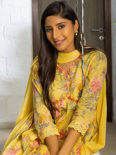 Indyancart SN Women's Yellow Floral Printed Empire Pure Cotton Anarkali Kurta With Trousers & Dupatta