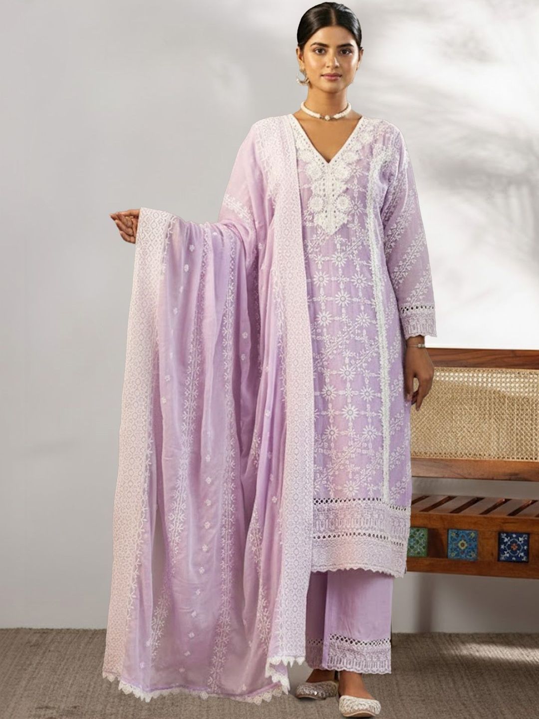 Women Ethnic Motifs Embroidered Regular Thread Work Pure Cotton Kurta with Trousers & With Dupatta