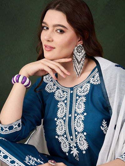 Indyancart SN Women's Teal Blue Paisley Embroidered Thread Work Straight Kurta & Trouser With Dupatta