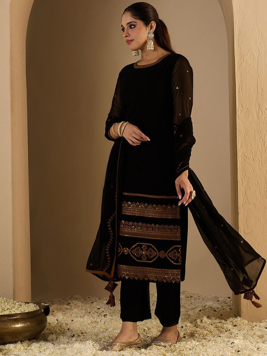 Indyancart IE Women's Women Ethnic Motifs Printed Kurta with Palazzos & Dupatta