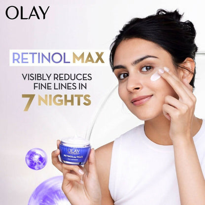 Olay Retinol24 Max night face moisturizer jar with cream visible, designed for nourishing and hydrating skin overnight.