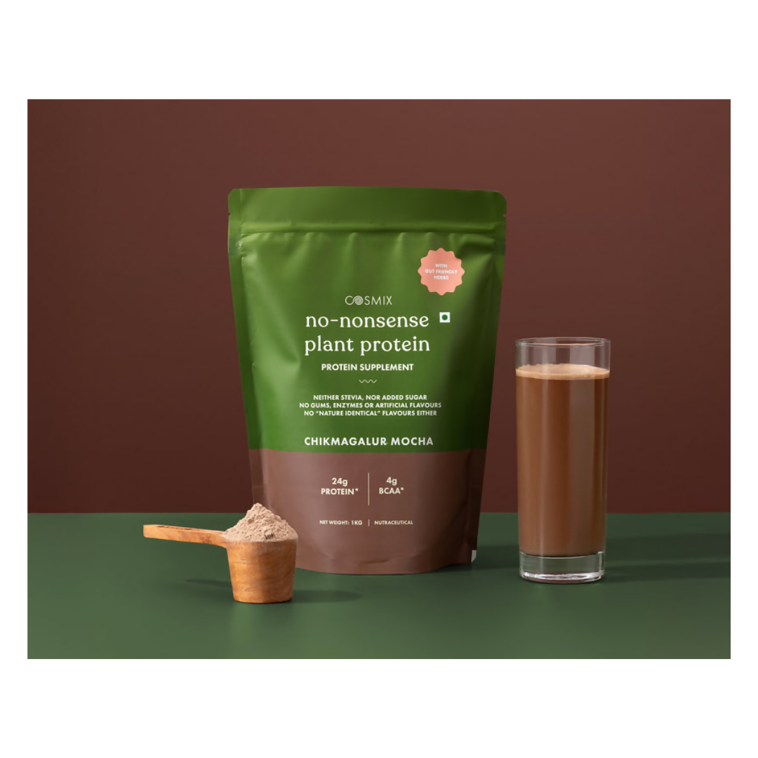Cosmix No Nonsense Plant Protein Chikmagalur Mocha health drink in a glass, showing creamy mocha flavor with a rich, inviting appearance.