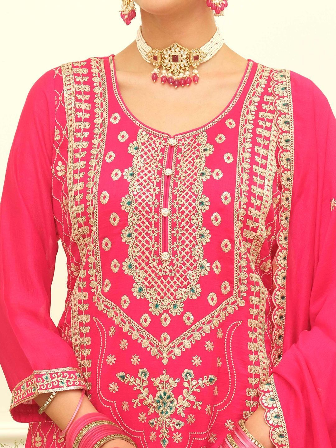 Indyancart IE Women Ethnic Motifs Embroidered Regular Thread Work Kurta with Palazzos & With Dupatta