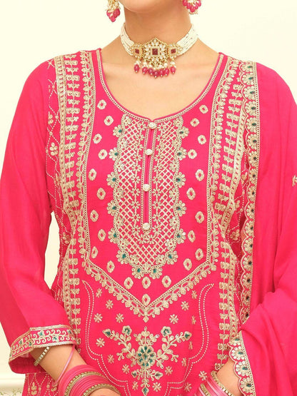 Indyancart IE Women Ethnic Motifs Embroidered Regular Thread Work Kurta with Palazzos & With Dupatta