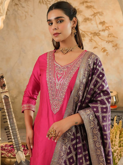 Embroidered Sequinned Kurta With Trousers & Dupatta