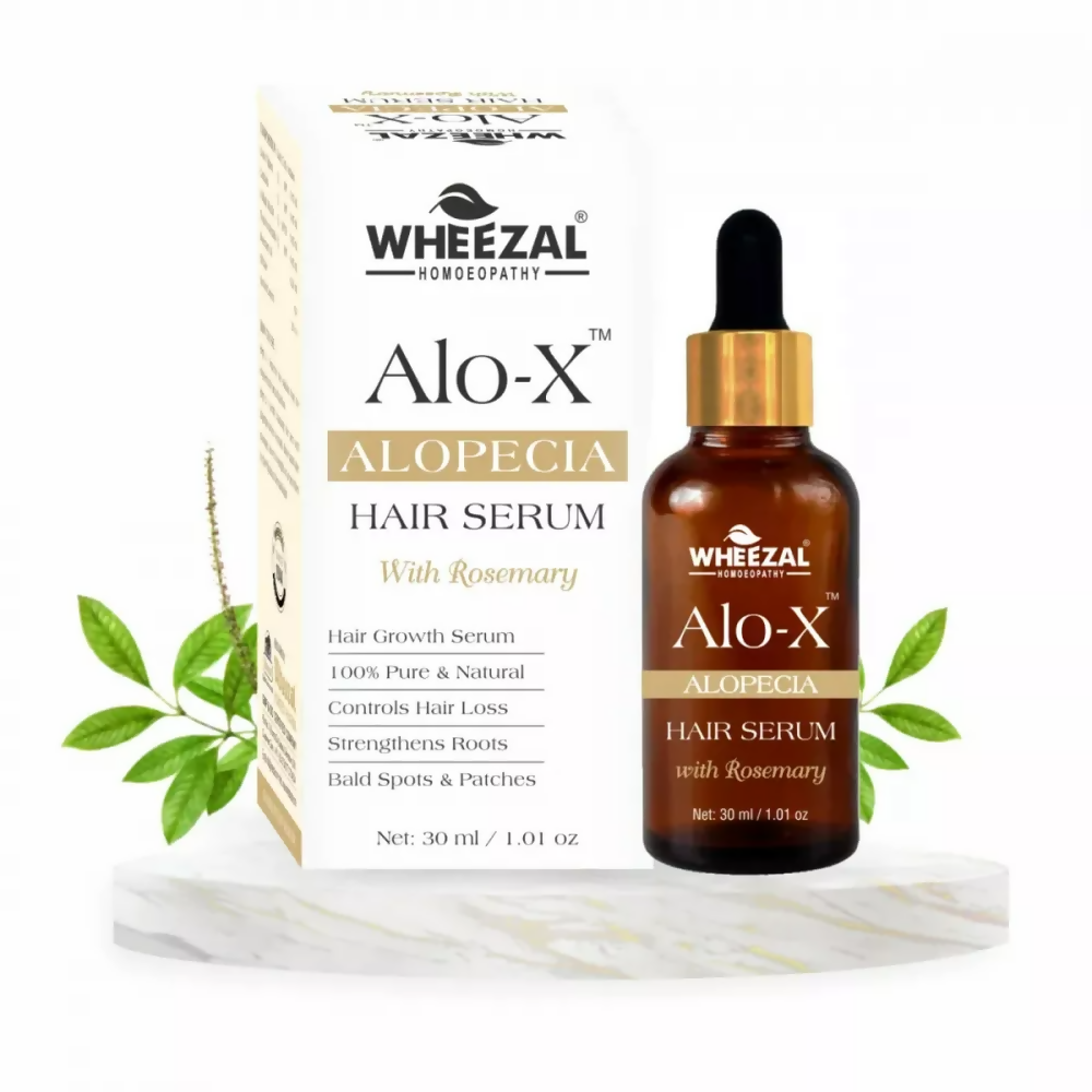 Wheezal Alo-X Alopecia Hair Serum bottle with dropper, designed to promote hair growth and reduce hair loss.