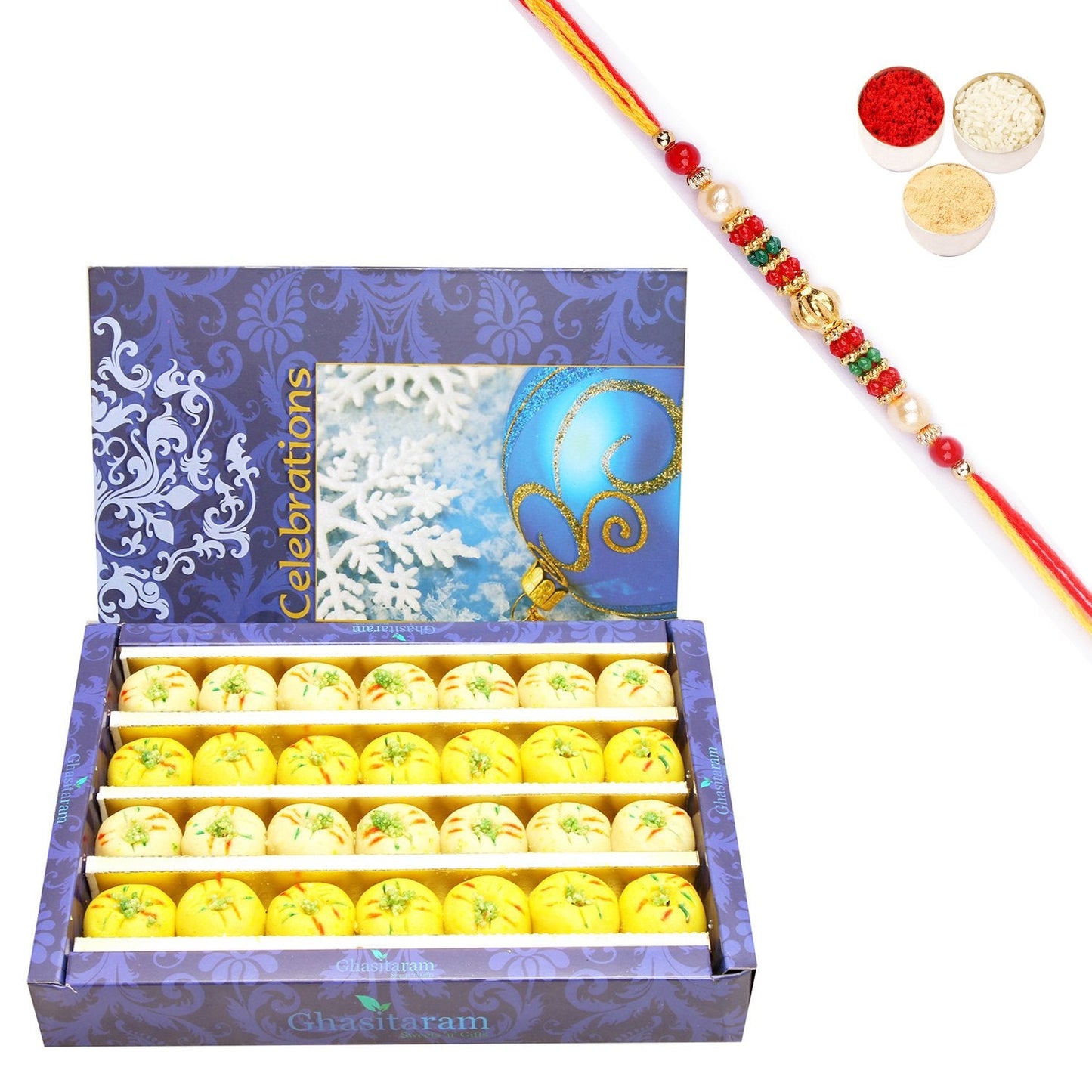 Ghasitaram Mawa Peda Box With Pearl Beads Rakhi
