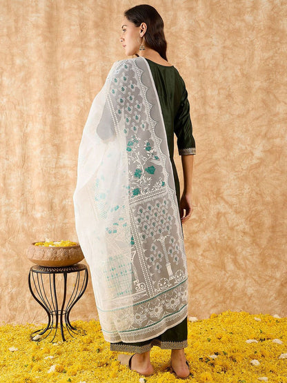 Straight Sequinned Liva Kurta with Palazzos & Dupatta