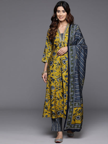 Indyancart VA Women'sFloral Printed V-Neck Sequinned Chanderi Silk Kurta With Trousers & Dupatta
