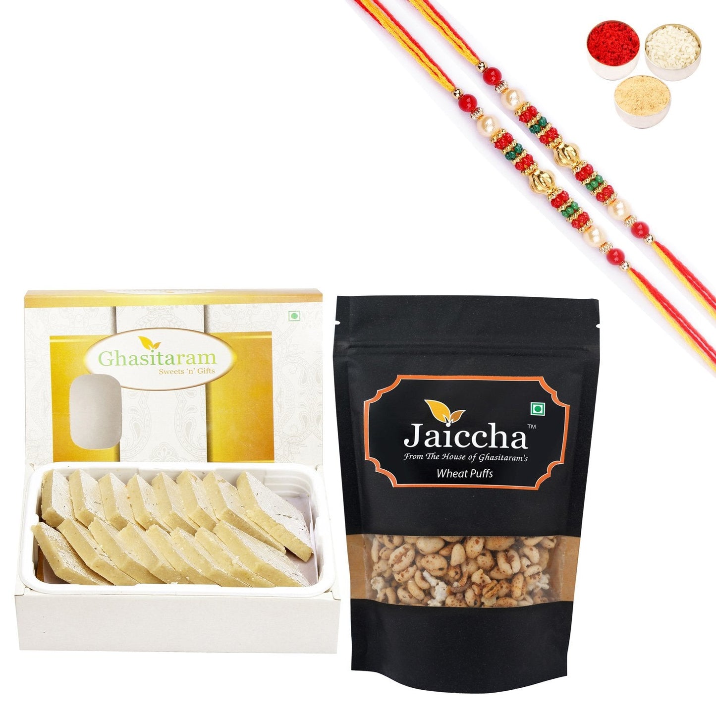 Ghasitaram Sugarfree Kaju Katli and Wheat Puffs With Pearl Beads Rakhi - Indyancart