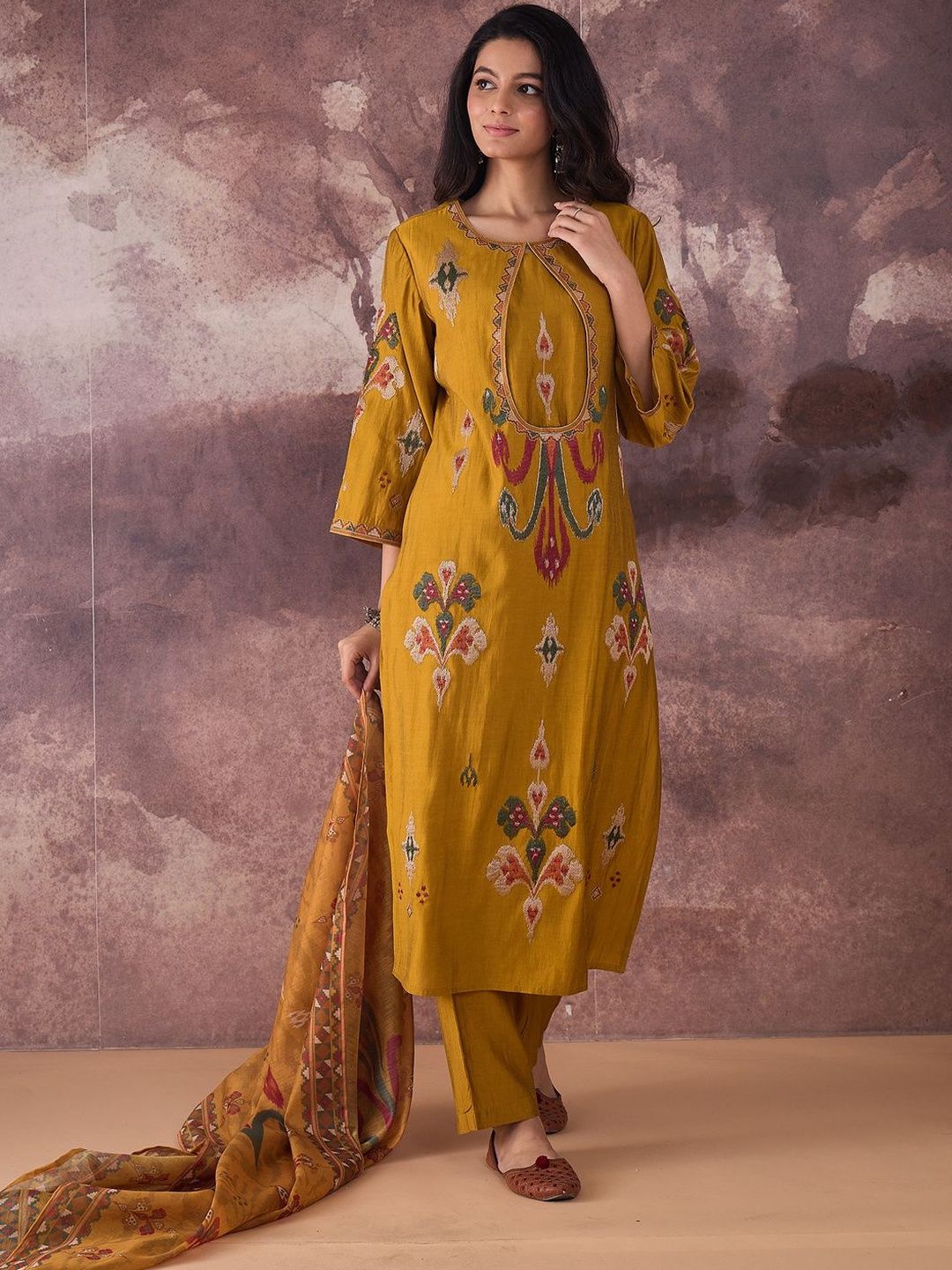 Ethnic Motifs Printed Straight Thread Work Kurta With Trousers & Dupatta