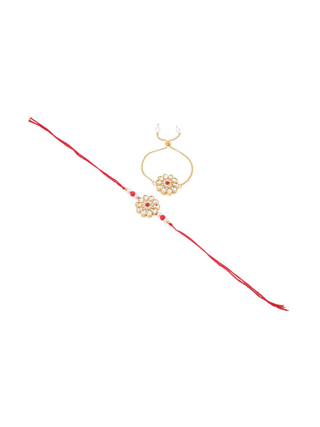 Anouk Set Of 2 Gold Toned Kundan Floral Design Bhaiya Bhabhi Rakhi Set With Roli Chawal