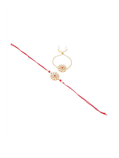 Anouk Set Of 2 Gold Toned Kundan Floral Design Bhaiya Bhabhi Rakhi Set With Roli Chawal