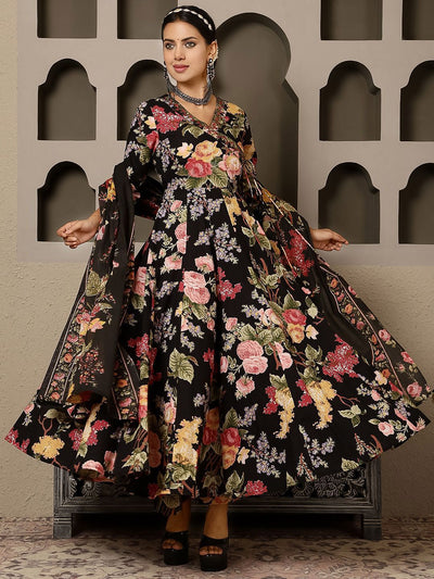 Indyancart SN Women's Floral Printed Pure Cotton Anarkali Kurta with Palazzo & Dupatta