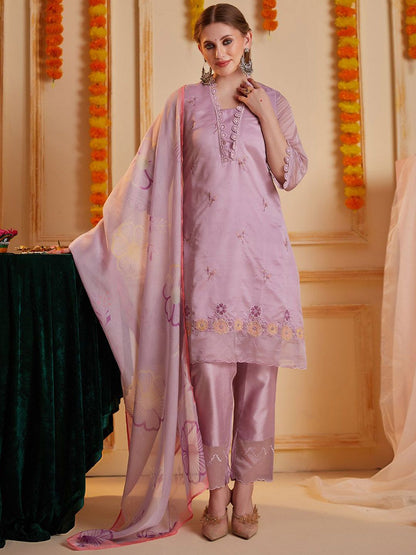 Indyancart SN Women's Floral Embroidered Notch Neck Thread Work Straight Kurta With Trouser & Dupatta