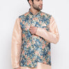 Men's Peach Cotton Silk Straight Jacket  Kurta and Pyjama Set