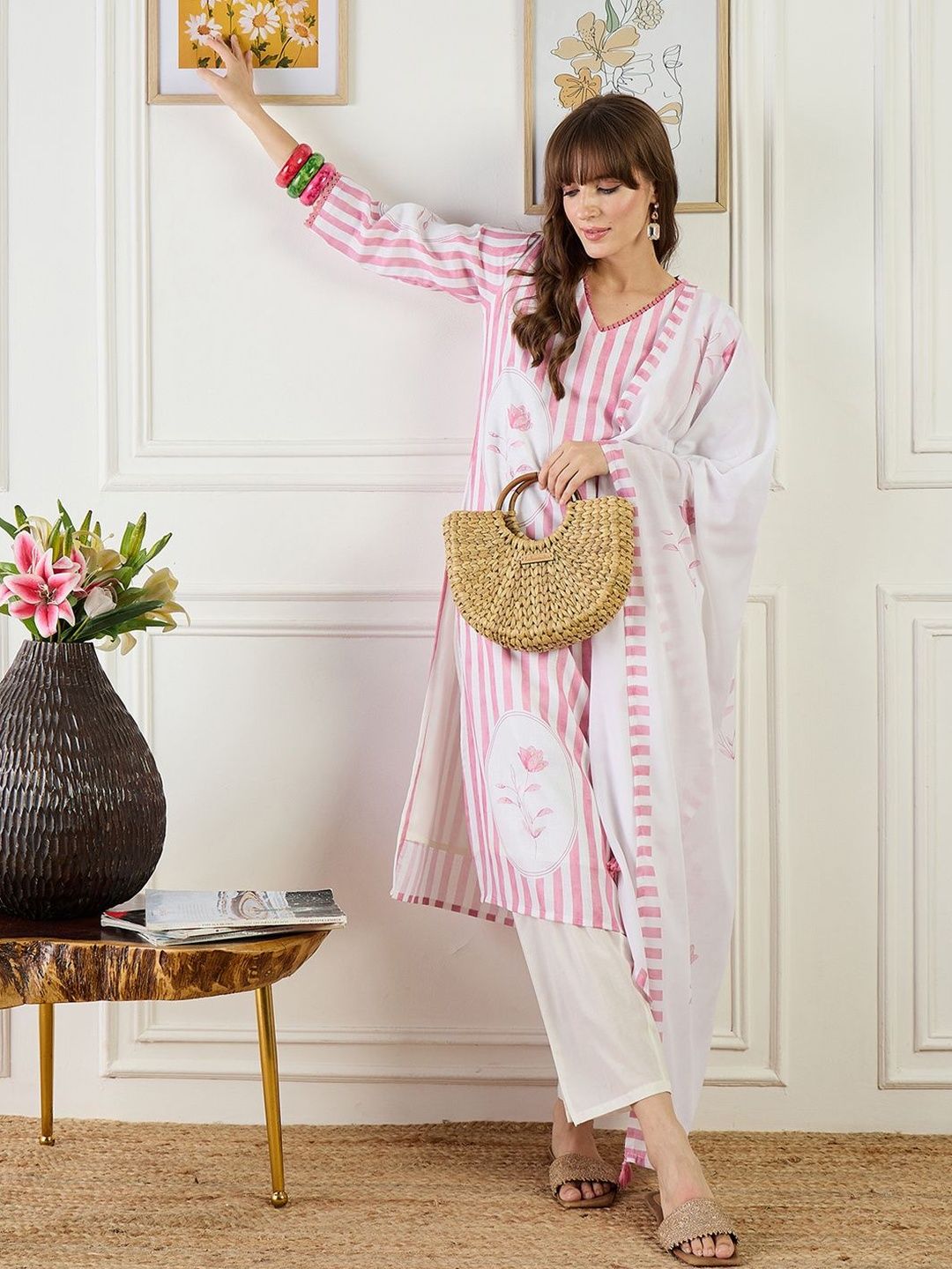 Women Striped Regular Linen Kurta with Trousers & With Dupatta