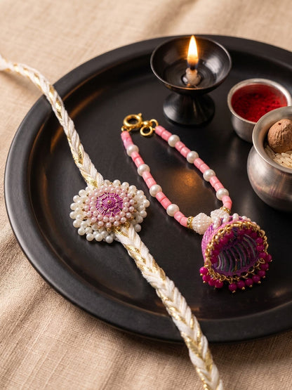 Anouk Set Of 2 Floral Perals Jhumka Design Bhaiya Bhabhi Rakhi With Roli Chawal Chandan