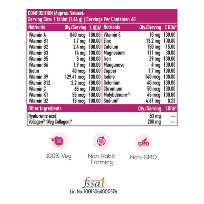 HK Vitals Multivitamin Plus Women Ayurvedic Tablets in a blister pack, designed to support women's health and wellness.