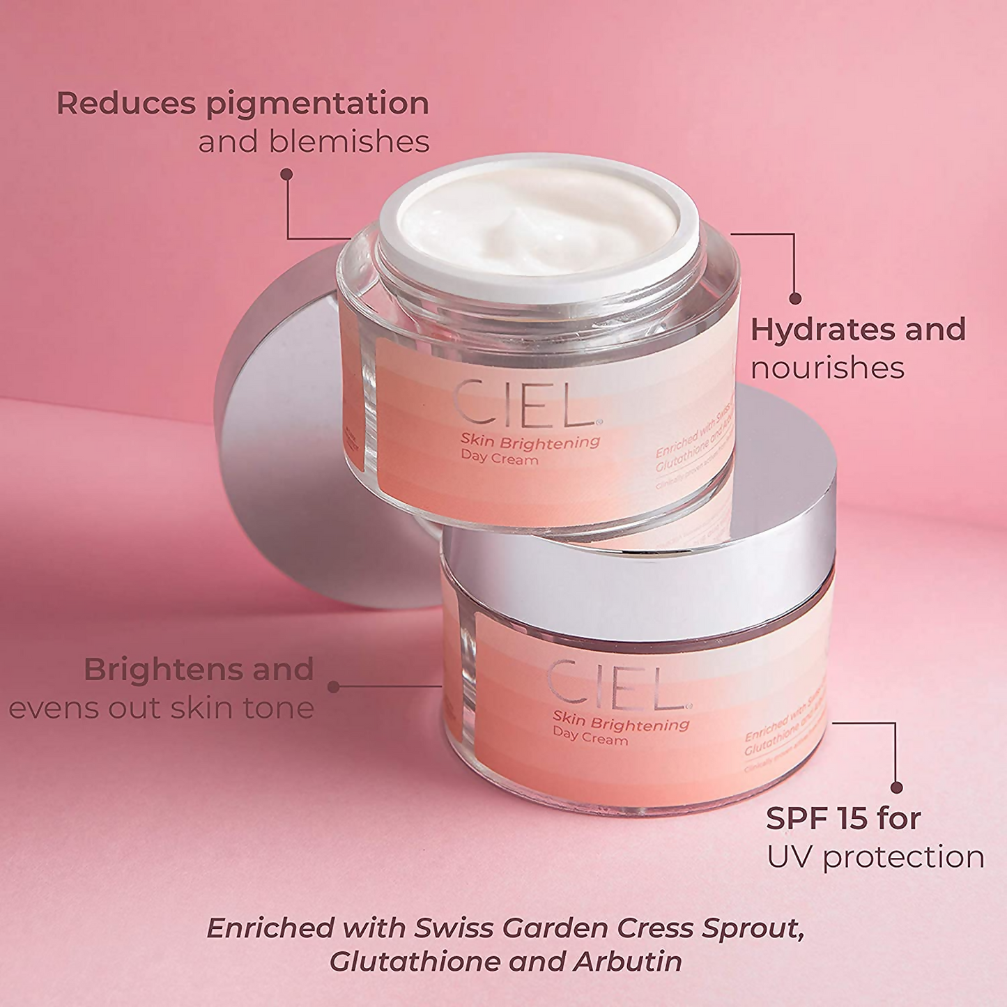 Ciel Skin Brightening Day Cream jar with white and gold packaging, smooth cream texture visible in the image.
