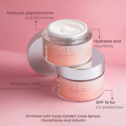 Ciel Skin Brightening Day Cream jar with white and gold packaging, smooth cream texture visible in the image.