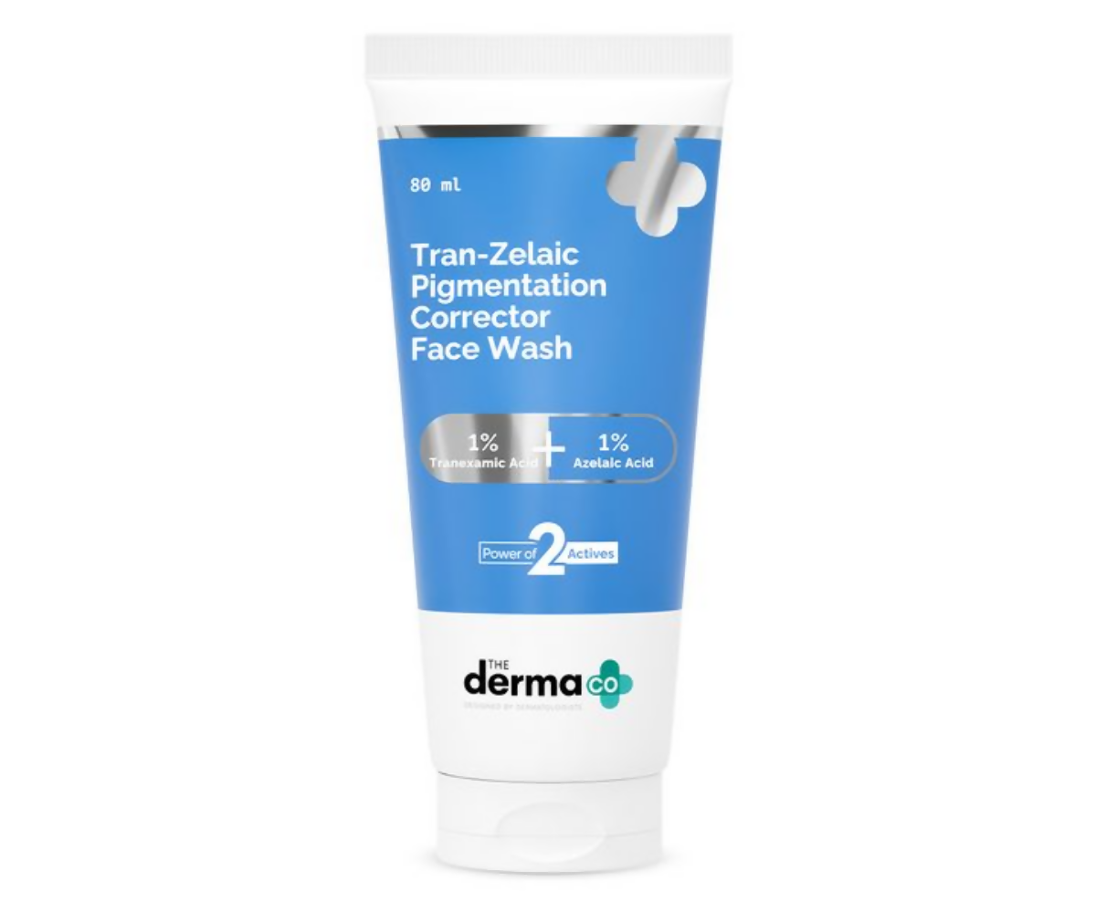 The Derma Co Tran-Zelaic Pigmentation Corrector Face Wash tube with label and pump dispenser, designed for skincare.