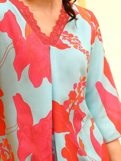 Indyancart SN Women's Blue Orange Poly rayon digital printed kurta and palazzo set
