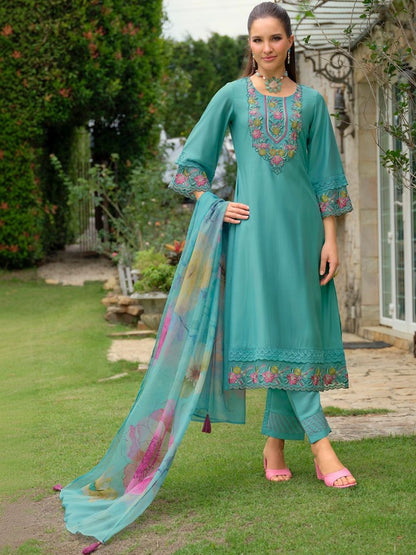 Women Floral Embroidered Regular Thread Work Kurta with Trousers & With Dupatta