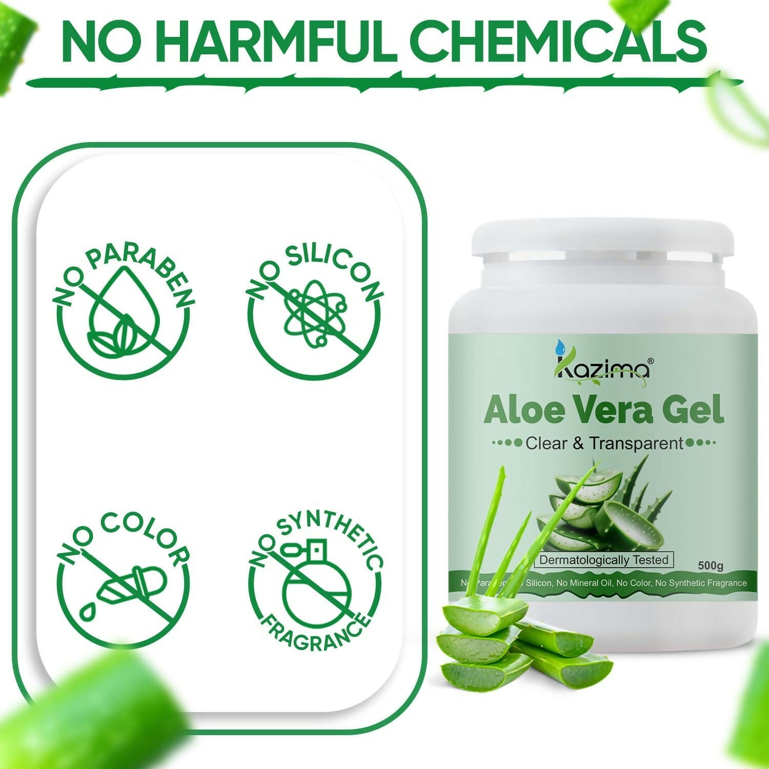 Kazima Pure Aloe Vera Gel for face, hair, acne, scars, dark circles, and sunburn, in a clear gel container with a green label.