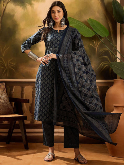 Indyancart SN Women's Floral Printed Pure Cotton Straight Kurta With Trousers & Dupatta