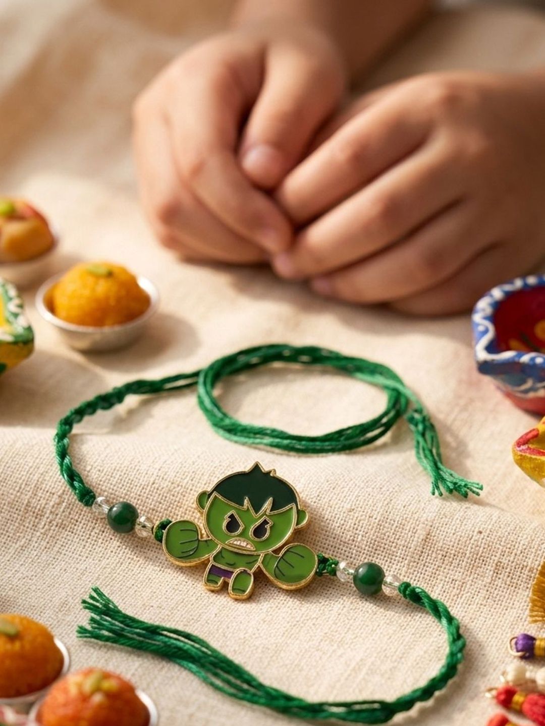 Anouk Kids Hulk Character Artificial Beads Thread Rakhi With Roli Chawal Chandan Mishri