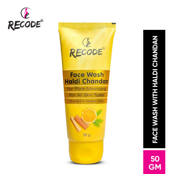 Recode Haldi Chandan Face Wash in a tube bottle, showcasing its packaging with turmeric and sandalwood ingredients for natural skincare.