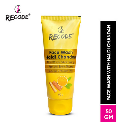 Recode Haldi Chandan Face Wash in a tube bottle, showcasing its packaging with turmeric and sandalwood ingredients for natural skincare.