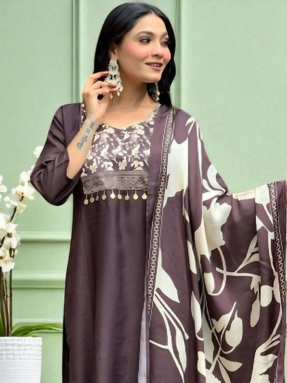 Indyancart SN Women's SangriaFloral Floral Printed Yoke Or Border Straight Kurta With Trouser And Dupatta