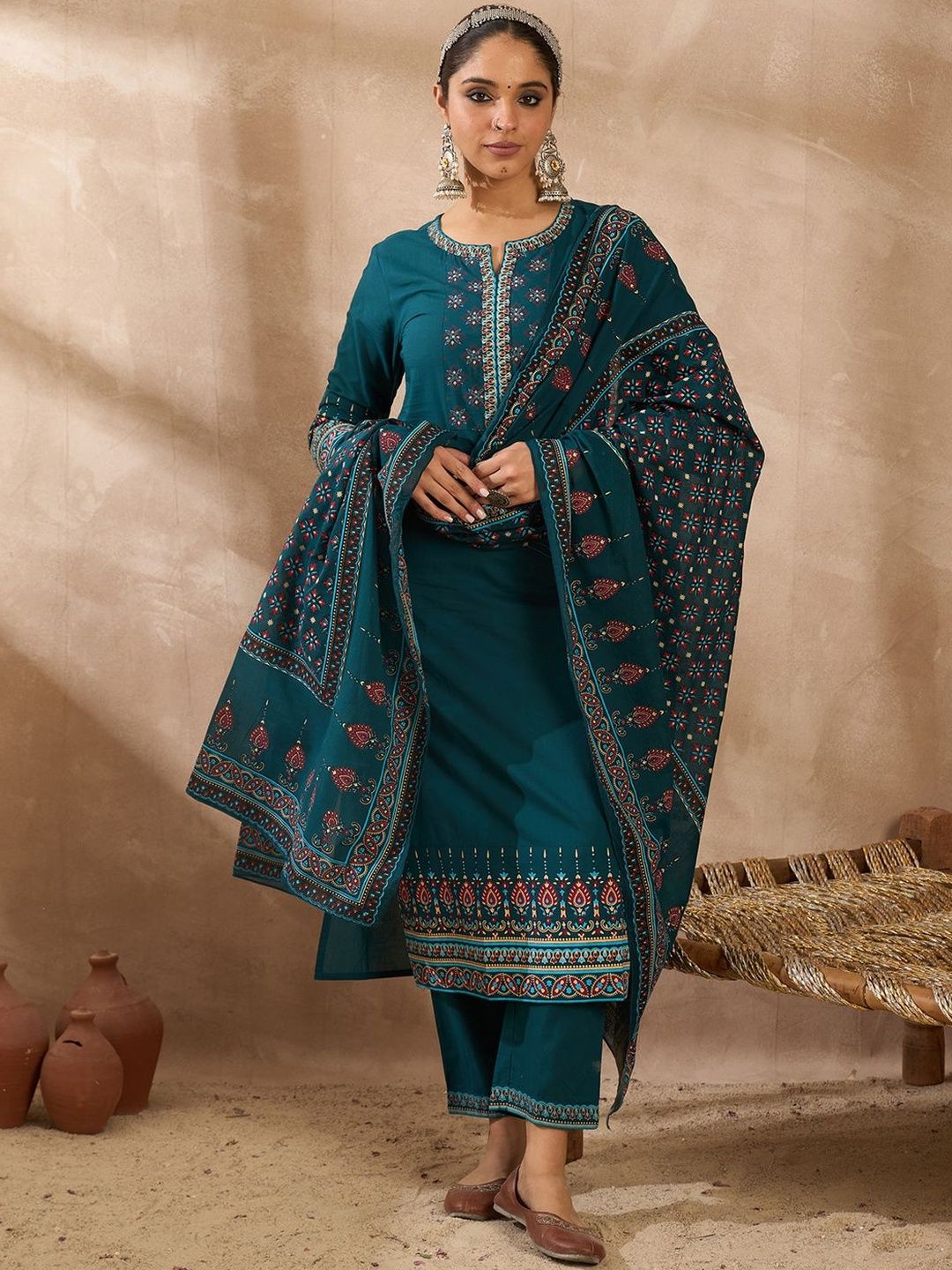 Women Ethnic Motifs Printed Regular Pure Cotton Kurta with Trousers & Dupatta