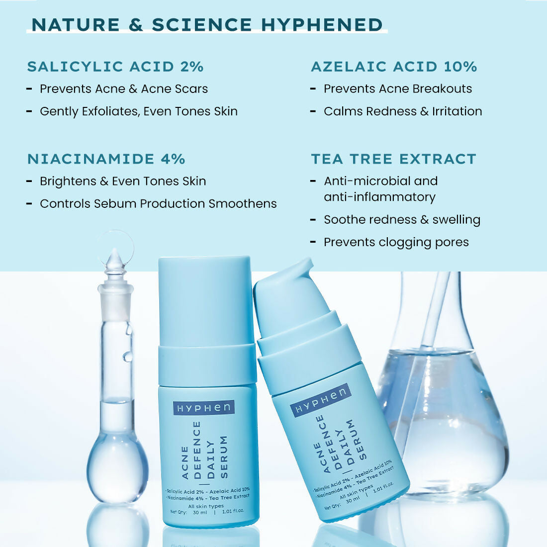 Hyphen by Kriti Sanon acne range serum and essence set, featuring skincare bottles with labels and dropper applicators.