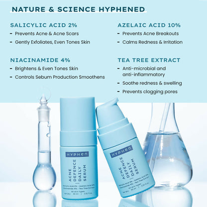 Hyphen by Kriti Sanon acne range serum and essence set, featuring skincare bottles with labels and dropper applicators.