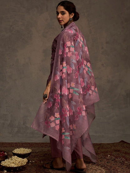 Women Floral Embroidered Regular Thread Work Chanderi Cotton Kurta with Trousers & With Dupatta