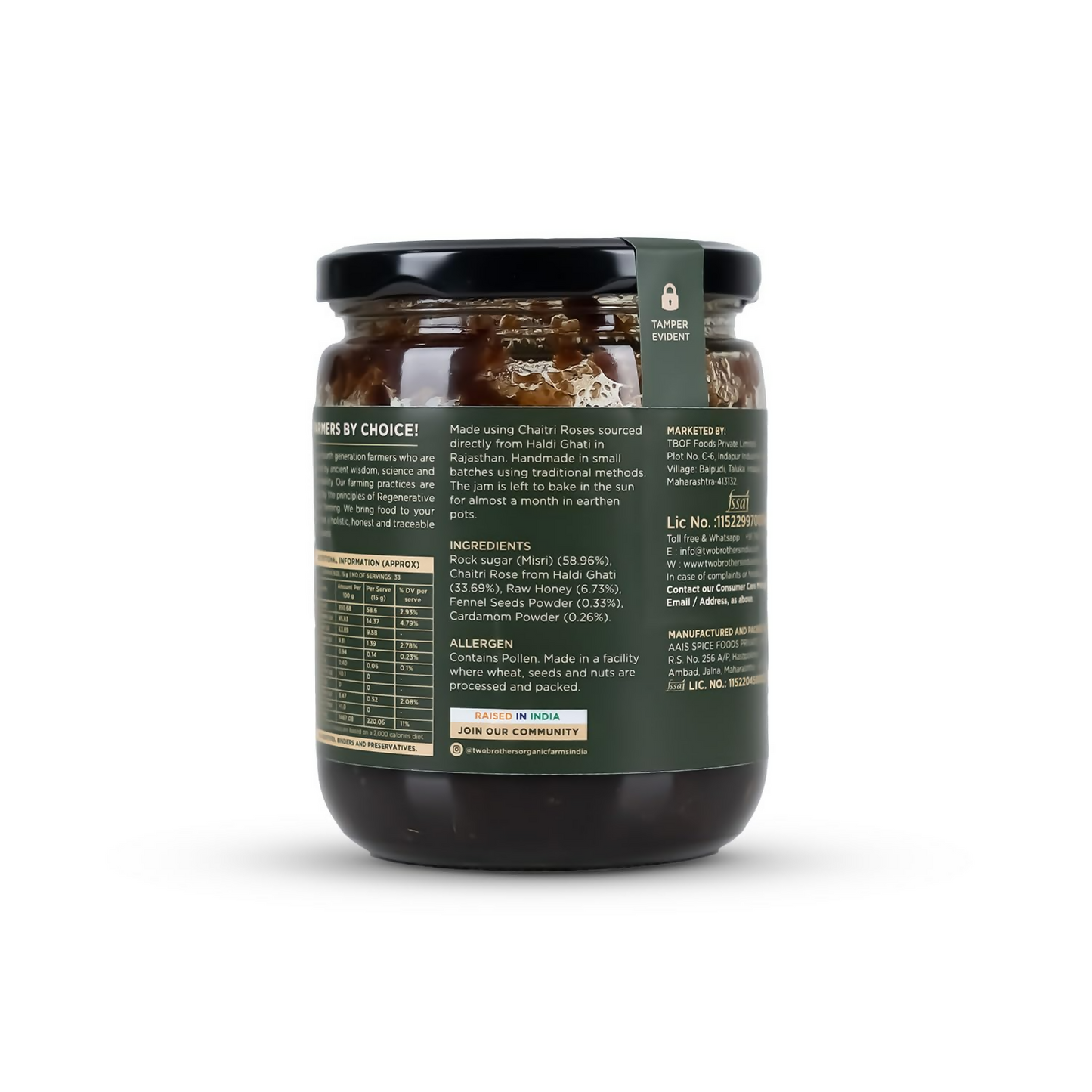 Two Brothers Organic Farms natural Gulkand spread in a jar, showcasing its pink, rose-flavored aromatic preserve for desserts or spreads.