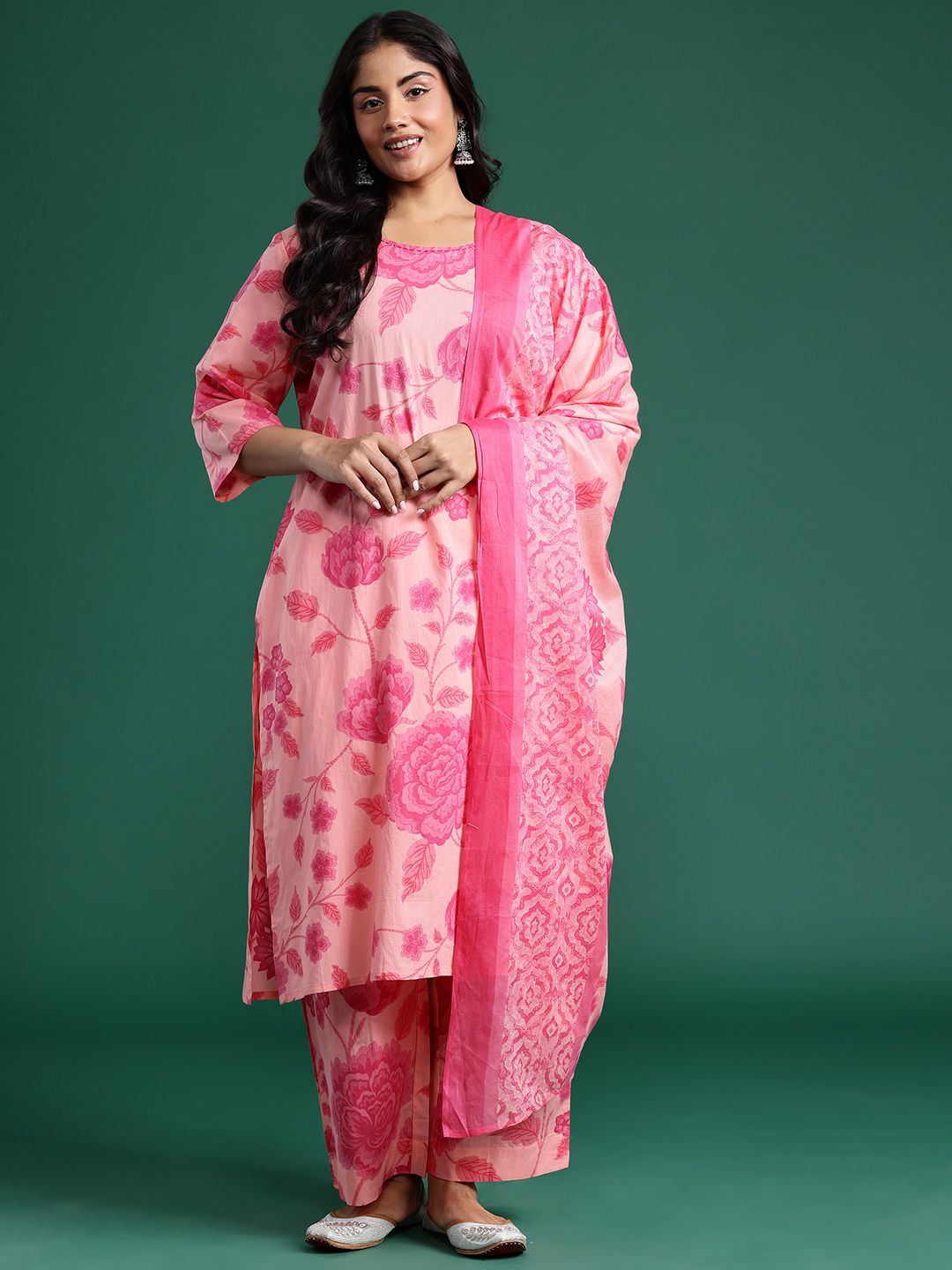 Floral Print Pure Cotton Kurta with Trousers & Dupatta