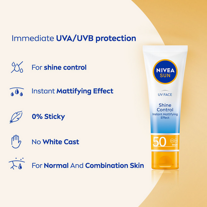 Nivea Sun Shine Control SPF 50 sunscreen bottle with ultra-matte finish, no white cast, and instant UV protection.